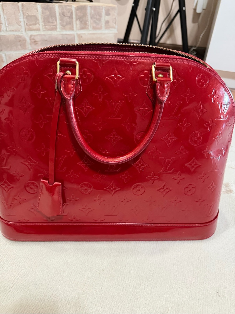 Louis Vuitton Red Vernis Alma Satchel with Gold Hardware